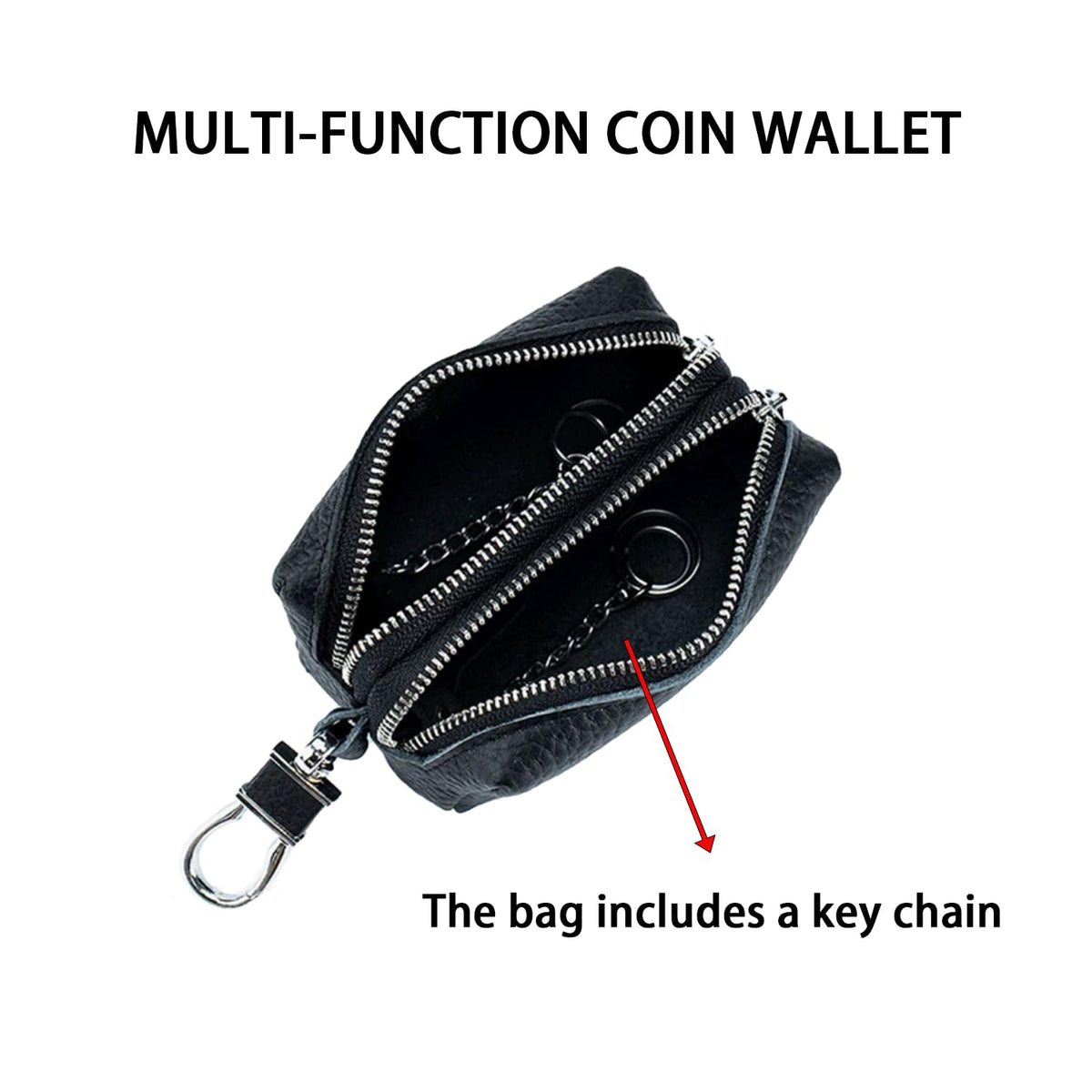 DTSFHTDAL Leather Car Key Wallet Case, Multi Functional First Layer Cowhide Key Bag Double Zipper Keychain Wallet Double Zip Key Bag for Keys (Black)