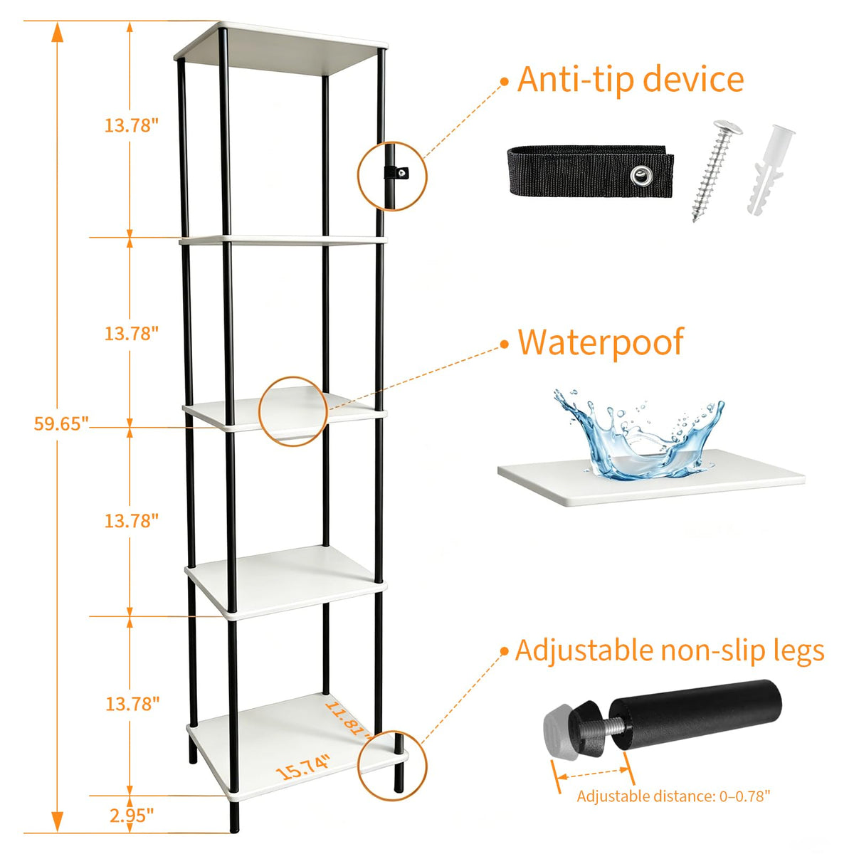 FredCache 5 Tier Corner Bookshelf,Wooden Standing Shelf Unit with Thin Metal Frame,Anti-Tip Design Narrow Storage Organizer for Small Spaces,Living Room Bedroom Office Kitchen,White