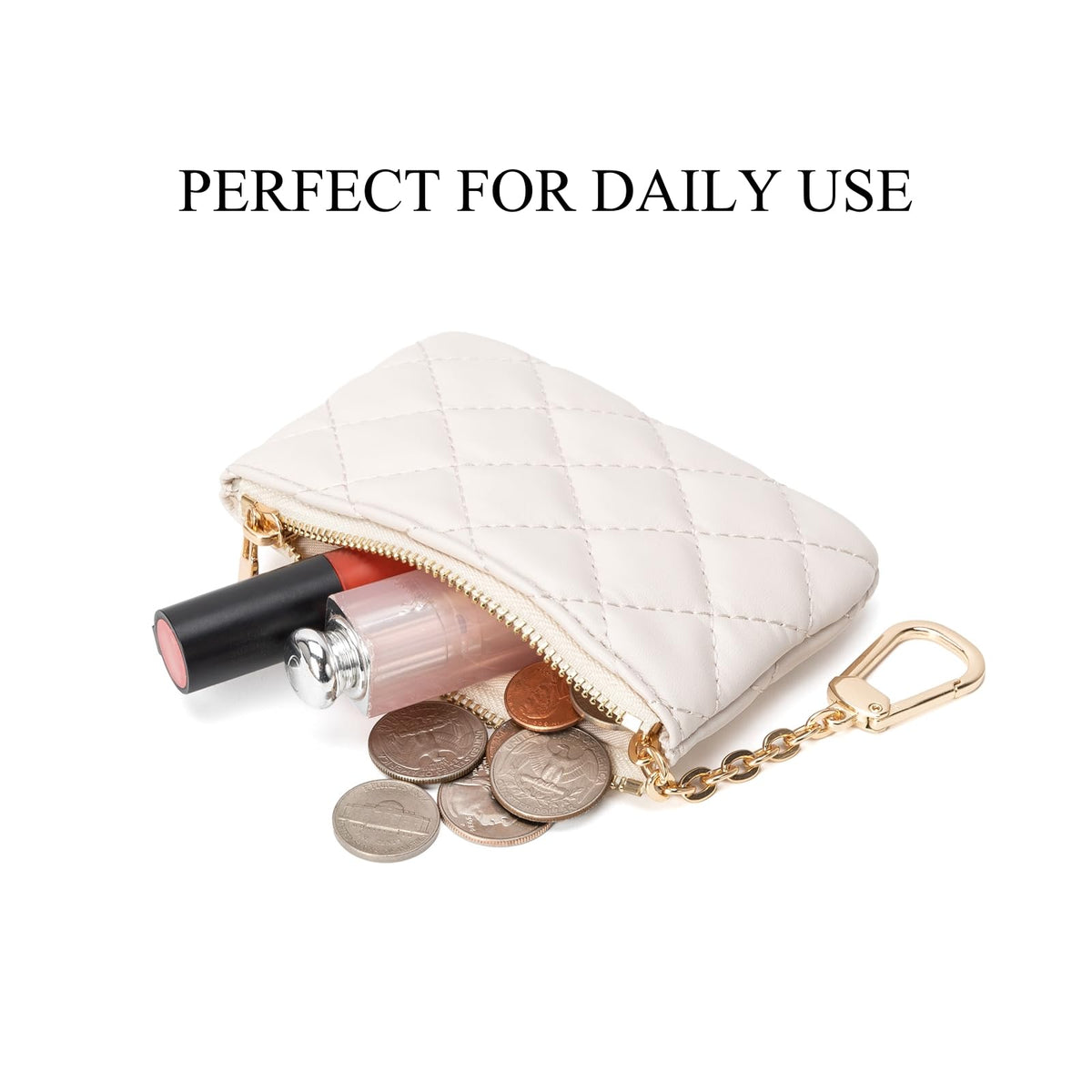 LARENNT Quilted Leather Coin Purse with Keychain - Small Coin Pouch Key Pouch Small Card Holder Keychain Wallet Change Purse for Women and Men (Creamy-white)