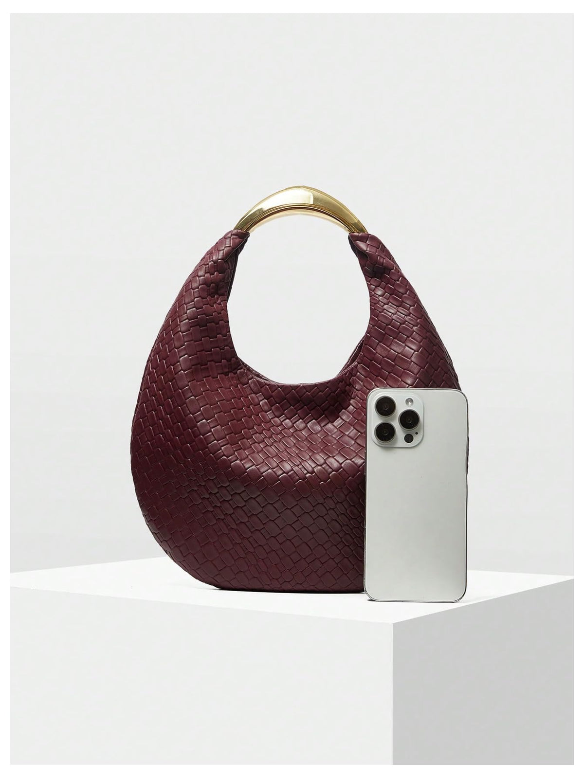 QWINEE Women's Woven Handbag Elegant Clutch Purse Metal Top Handle Cresent Evening Bag Retro PU Leather Clutch Purse Burgundy One Size