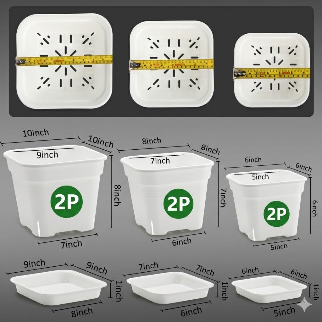 6 Pack 10/8/6 Inch Square Plant Pots with Saucers - 24-Strip Airflow Drainage for Root Health - Heavy Duty 5mm Thick White Plastic Orchid Planters for Indoor Outdoor Flowers, Herbs & Succulents