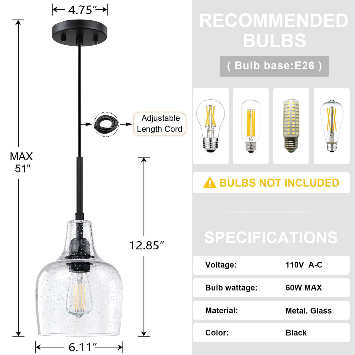 Dolaimy House 1 Light Indoor Pendant Light, 6.1in Clear Seeded Glass, Oil Rubbed Bronze, 3 Pack, Model X216CD102