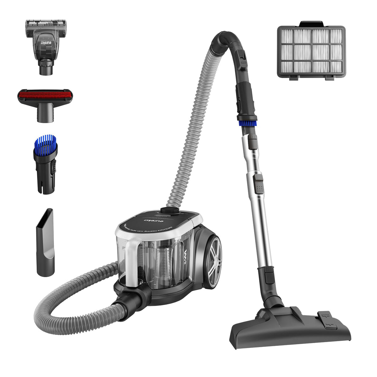 Eureka Bagless Canister Vacuum Cleaner, Lightweight Vac for Carpets and Hard Floors, Silver with Black, NEN180