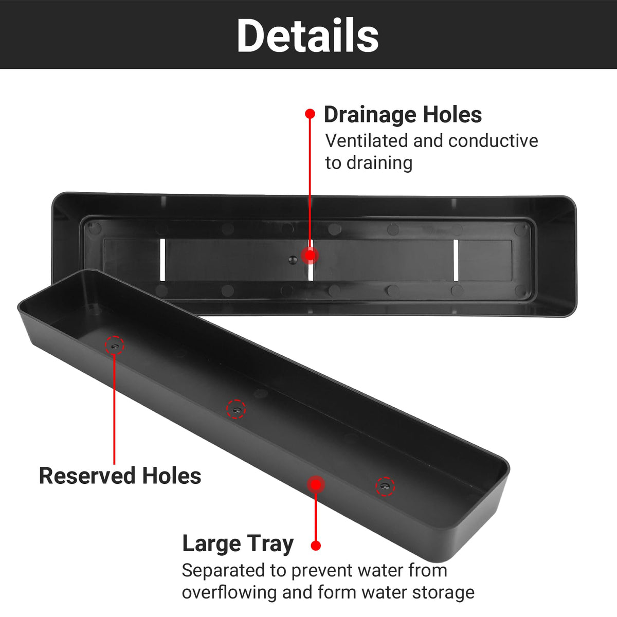 GREANER Window Boxes Planters with 100PCS 6inch White Plant Label, 3PCS 16x3.8 Inch Black Rectangle Planters Box with Drainage Holes and Trays, Herb Succulents Flowers Plastic Pot for Windowsill, Gard