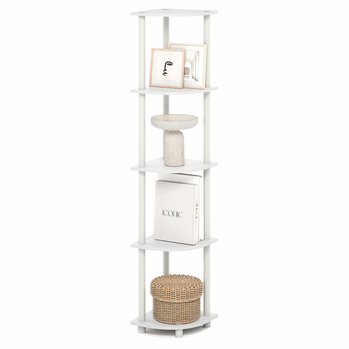 Furinno Turn-N-Tube Corner Shelf, 5-Tier Corner Bookshelf, Open Storage Shelves, for Organization and Storage, Living Room, Home Office, Garage, Bedroom, Plain White