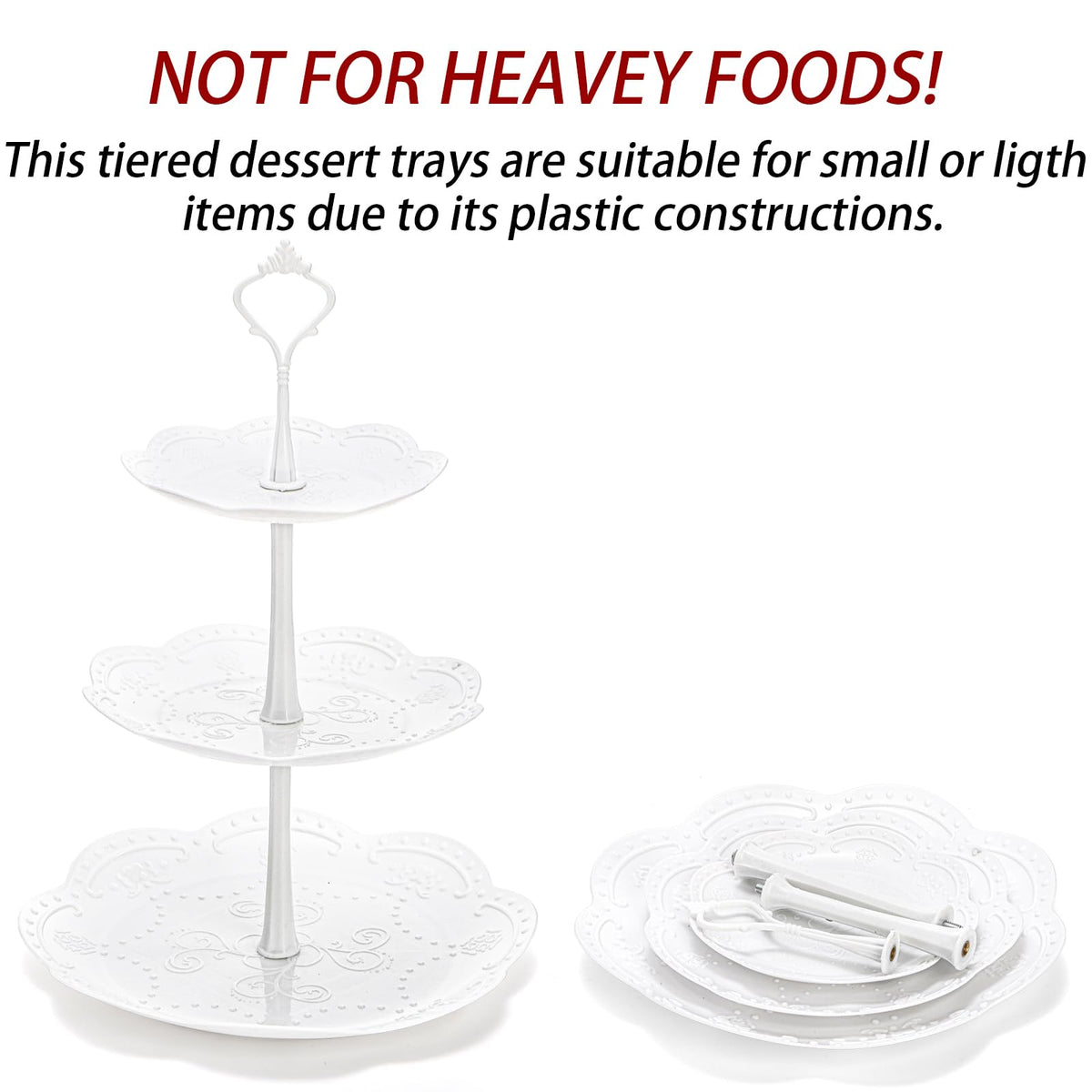 Tosnail 3 Pack 3 Tiers White Plastic Cupcake Stand Dessert Stand Tiered Serving Trays - Round, Square, Flower