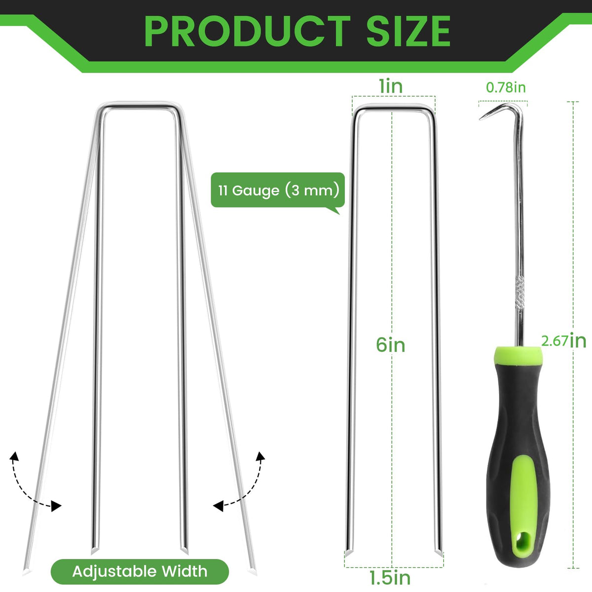 60 Pack 6 Inch Landscape Staples + 1 Hook 11 Gauge Heavy Duty Galvanized Garden Stakes, U-Shaped Ground Pins for Weed Barrier Fabric, Drip Irrigation Tubing, Sod, Lawn & Christmas Outdoor Decorations