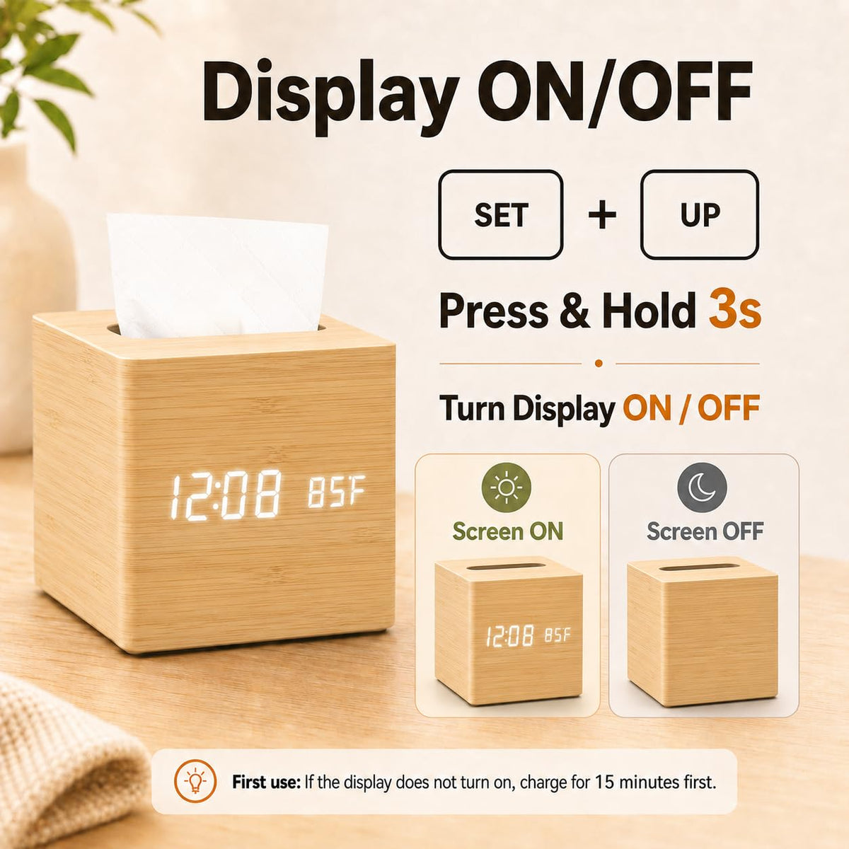 ANHUXINLEI Wooden Tissue Box Cover - Digital Square Holder with Dimmable Alarm Clock, Temperature and Date Display - Cordless Home Decor for Office Desk, Nightstand and Bedroom Organization