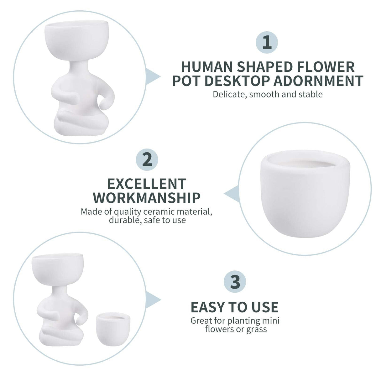 Humanoid Ceramic Flower Pot,Unique Small Planter Sitting Human Shaped Succulent Cactus Cute Plant Pot Container for Home Office Room Desk Window Desktop Decoration White,2.36x3.93 Inches
