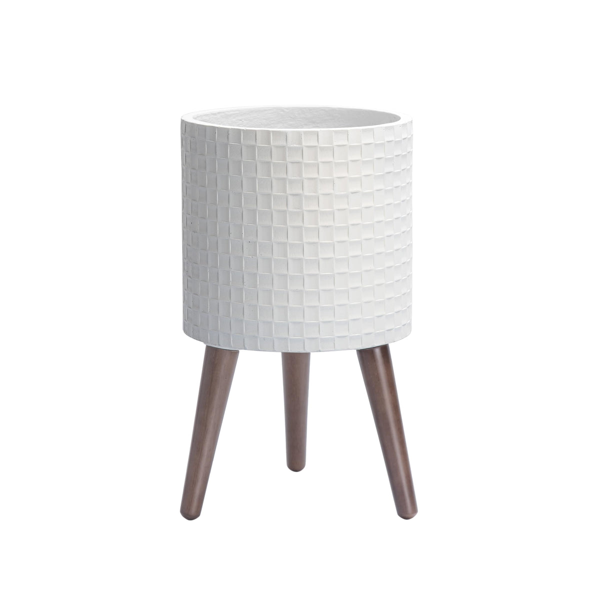 D'vine Dev 10 Inch Modern Geometric Tile Patterned Sleek Planter Pot with Stand, Indoor Outdoor Decorative Plant Holder, Matte White, 88-Z-B-1