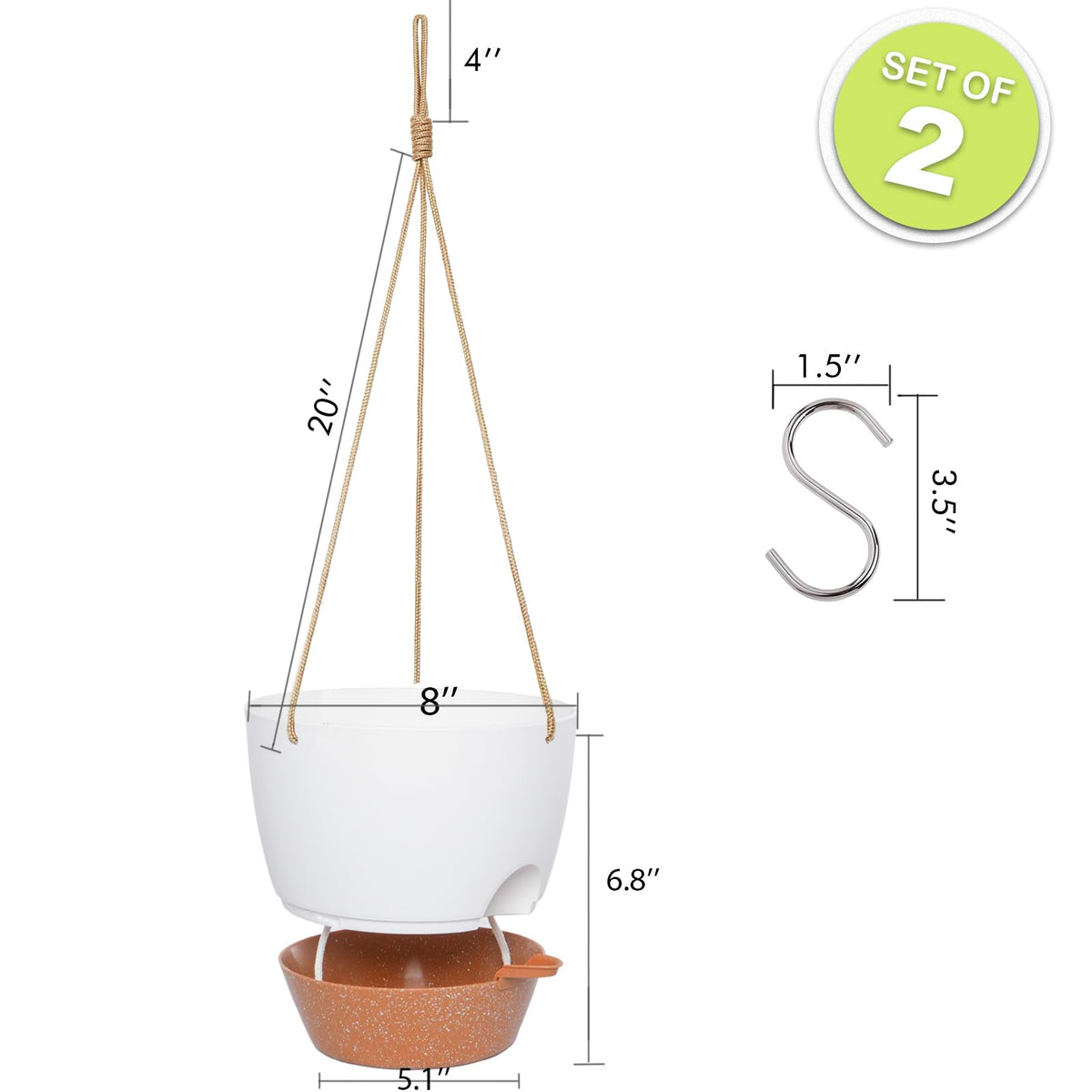 SwinDuck 8 inch Hanging Planters, 2 Pack Self Watering Hanging Pots with 20oZ Deep Reservoir for Indoor Outdoor Plants Flowers, White with Brown