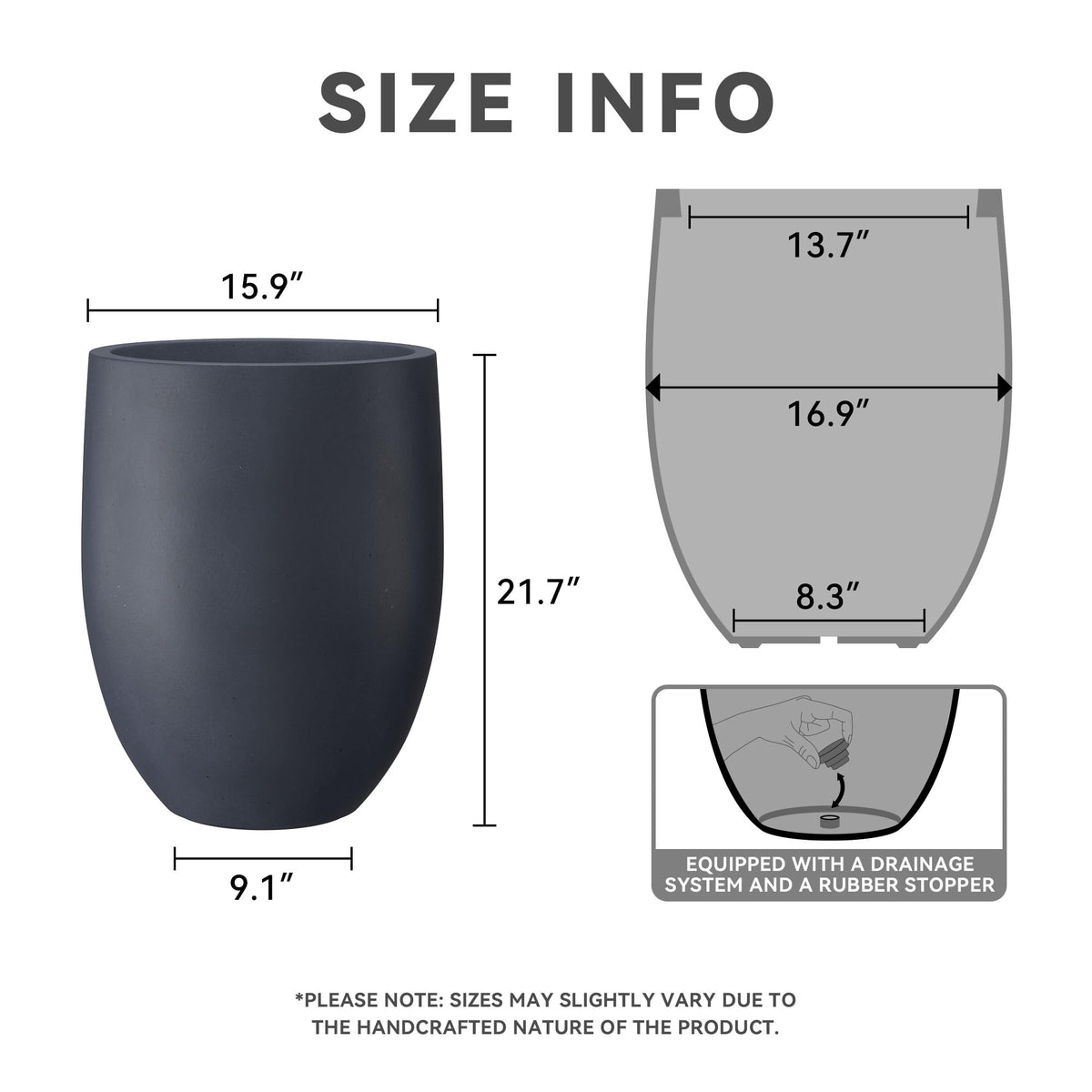 Kante 21.7" H Charcoal Concrete Tall Planter, Large Outdoor Indoor Decorative Pot with Drainage Hole and Rubber Plug, Modern Round Style for Home and Garden