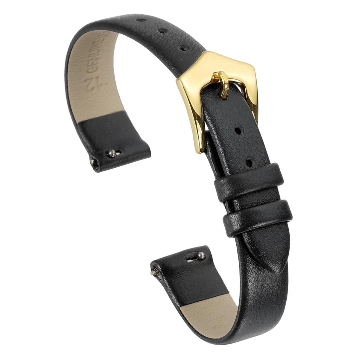 uxcell 12mm Black Genuine Leather Watch Bands, Quick Release Flat Thin Elegant Leather Watch Strap Wristband Replacement Bands with Gold Stainless Steel Buckle for Women