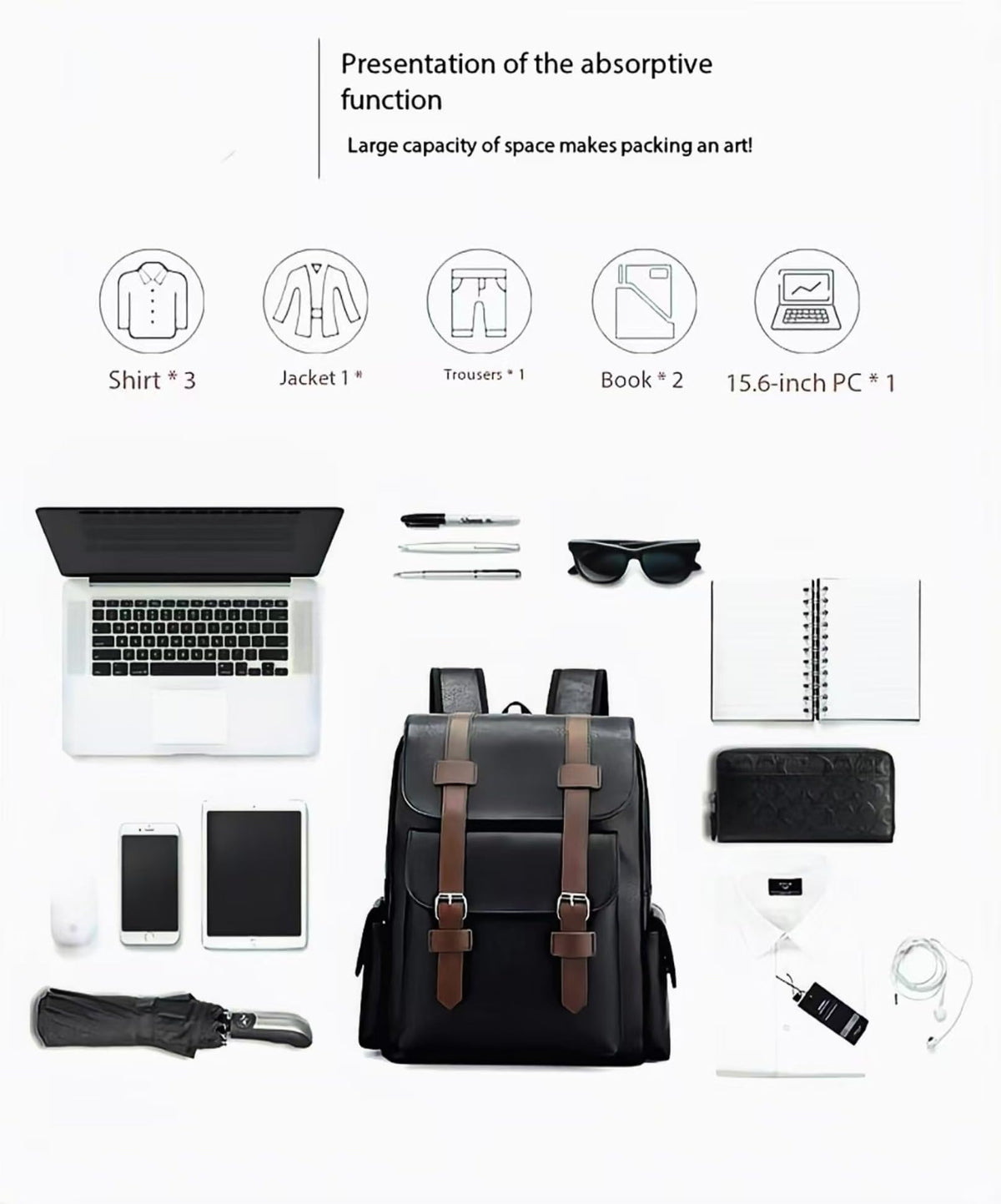 CYLYWJD Business Men and Women PU Leather Backpack 15.6inch Laptop Waterproof Backpack Travel Commuter Lightweight schoolbag (Black backpack9,Medium)