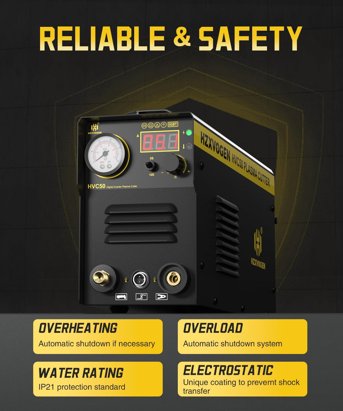 H HZXVOGEN Plasma Cutter with 400A G Style Earth Clamp, 50A Portable Plasma Cutter with Post Flow, 110/220V Dual Voltage Digital Display DC IGBT Inverter HF Air Plasma Cutting Machine