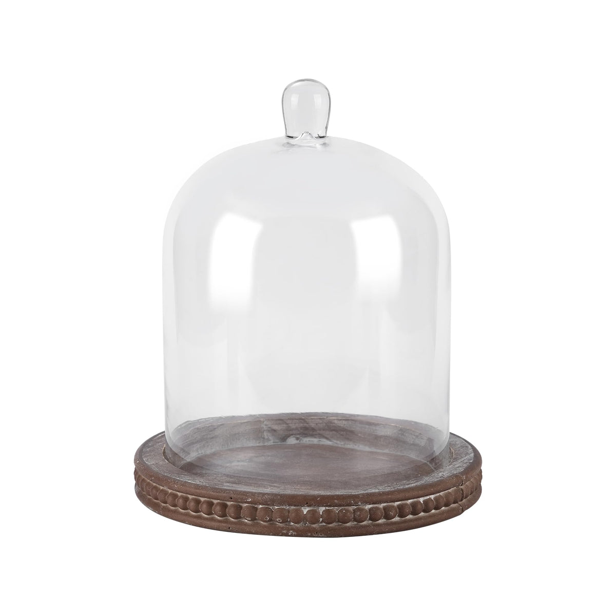 14" Large Handmade Sturdy Glass Cloche With Brown Beaded Wooden Base In Farmhouse & Cottage Style, For Terrarium, Trinkets, Cakes, Figurines (Brown, 10"x14")