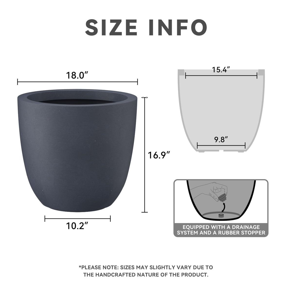 Kante 18 Inch Dia Round Concrete Planter, Indoor Outdoor Large Plant Pot with Drainage Hole and Rubber Plug for Home Patio Garden, Charcoal