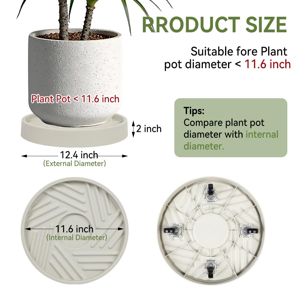 UoeRing 1 Pcs Plant Caddy with Wheels 12 Inch Hidden Wheels Heavy Duty Rolling Plant Stand, Indoor Outdoor Plant Saucer Tray with $9.9 Garden Tools (Beige)