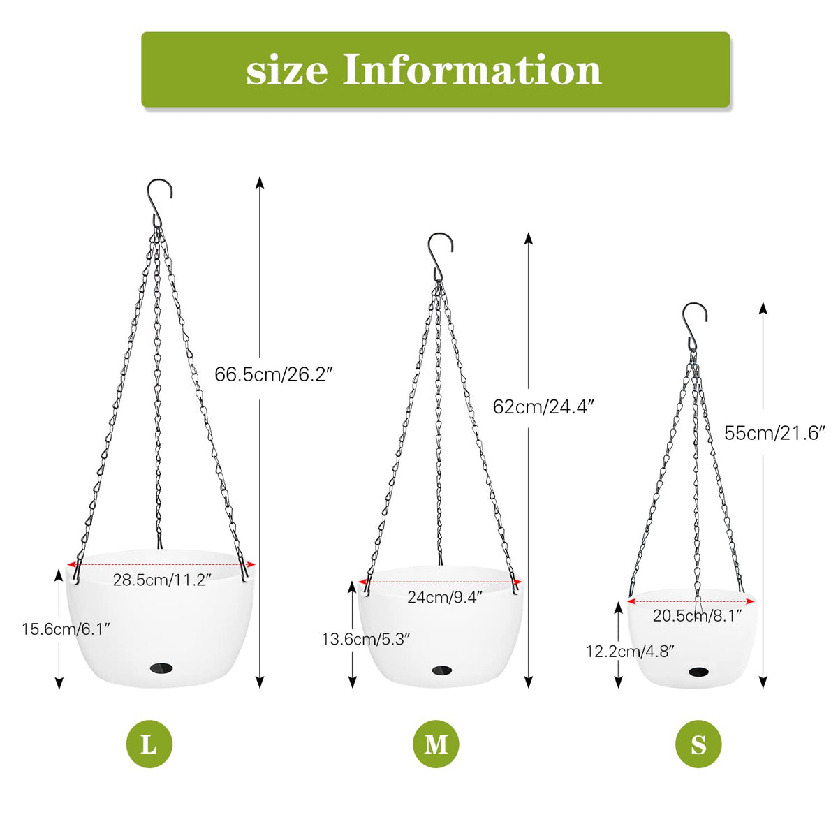 Sungmor Self Watering Hanging Planter for Indoor Plants, 9.4" & 11.2" 2-PACK Large White Plastic Hanging Basket, Garden Flower Pots with Hanging & Standing Design, Thickened Sturdy Drainage Plant Pots