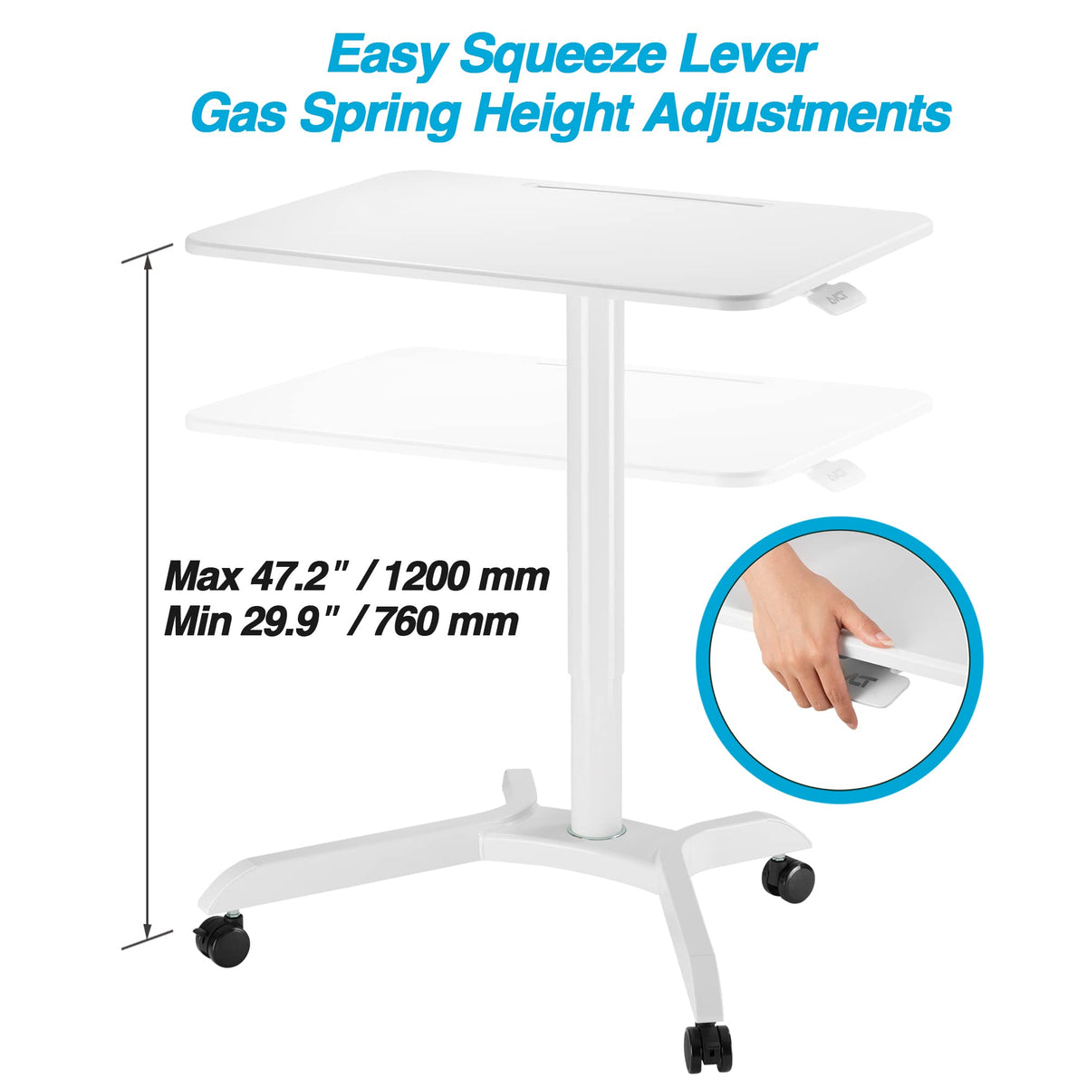 AVLT 48" Ambidextrous Standing Desk, Mobile Adjustable Height Rolling Laptop Desk, Folding Computer Projector Cart with Brake Casters, Portable White Desk for Home Office