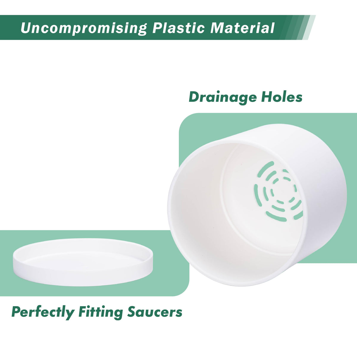 D'vine Dev 4 Pack 6 Inch Modern Plastic Plant Pots, Small Garden Planters for Plant with Drainage Holes and Saucers, White Color, 74-Z-J-2