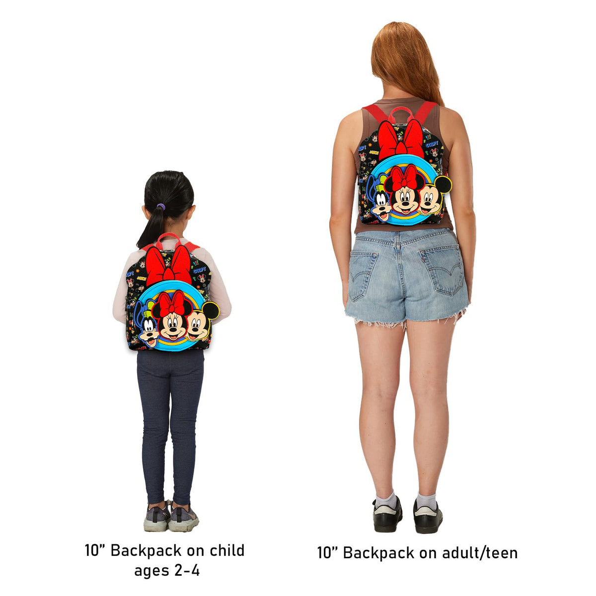 Disney Mini Backpack - 10" Exclusive Mickey, Minnie and Goofy Faux Leather Small Backpack with Front Pocket and Button Bundle | Adjusts to Fit Women, Teens, Girls, Kids