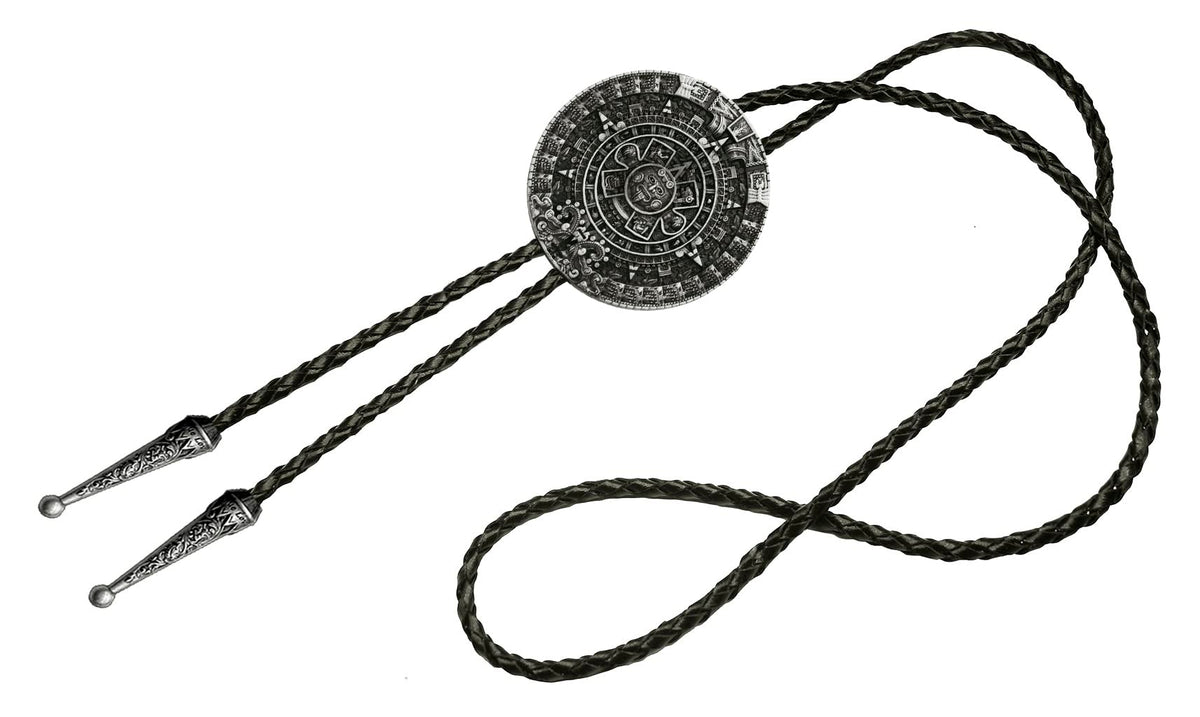 Moranse Bolo tie With Pewter Aztec Calendar Circle Design Cowboy Two Colors (Silver)
