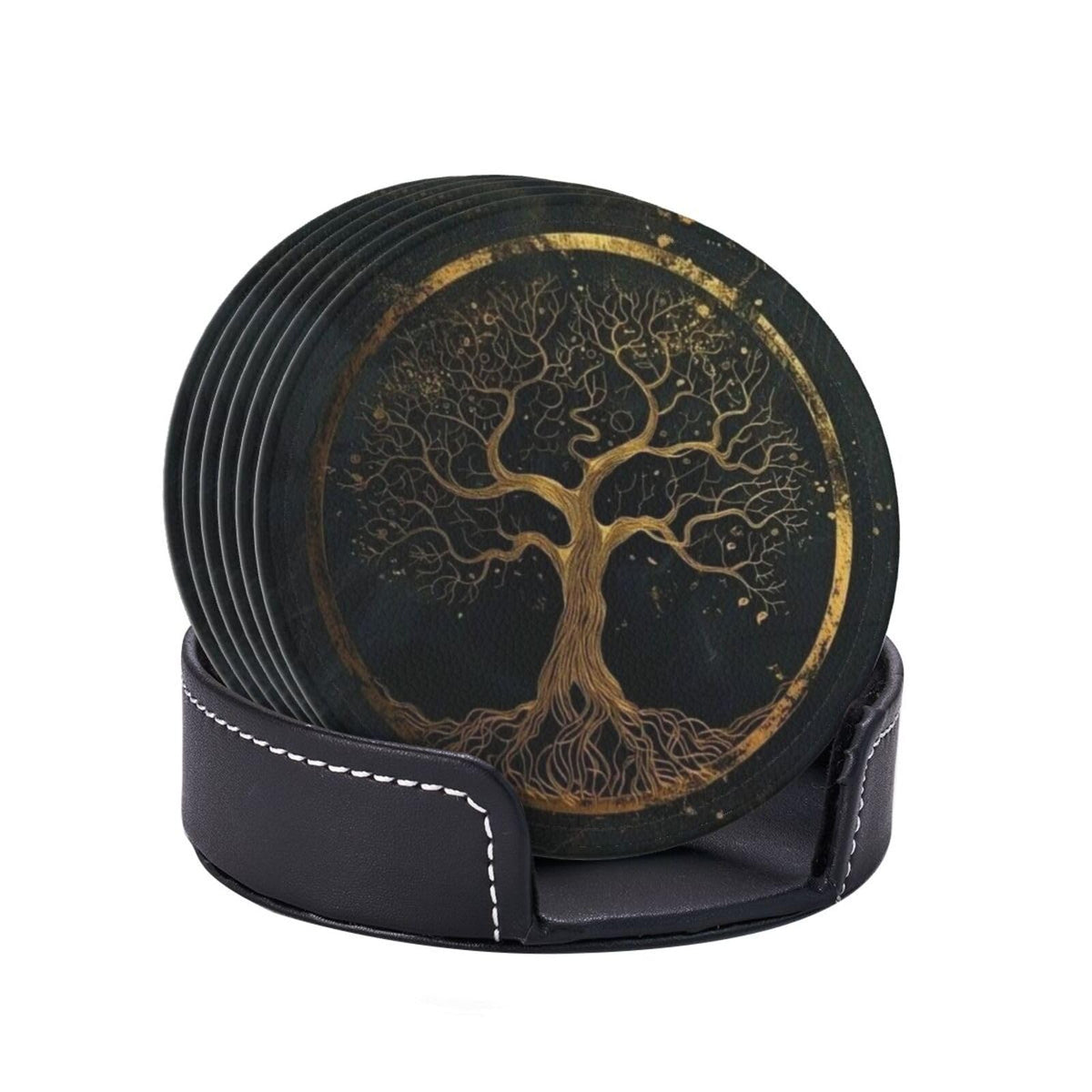 BOXIMIAO Drink Coasters with Holder Stand Set of 6, Marble Gold Tree of Life Pu Leather Absorbent Coasters with Cork Base Table Round Coaster for Housewarming Apartment Kitchen Bar Decor