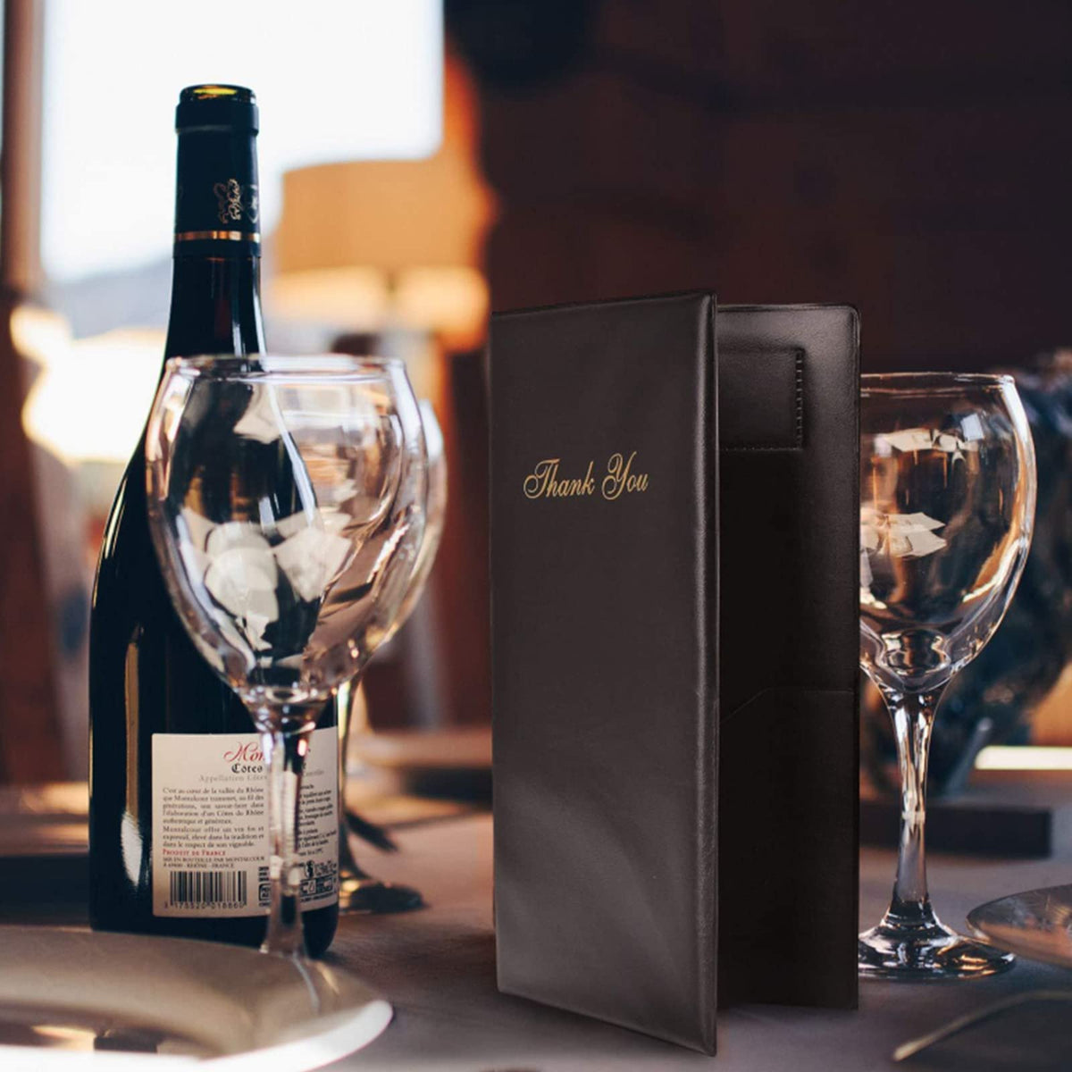 Lyellfe 12 Pack Restaurant Check Presenters, Guest Check Card Holder, PVC Leather Check Presenters for Servers, Black with Gold Thank You Imprint, Ideal for Restaurants, Cafe Bar Eatery