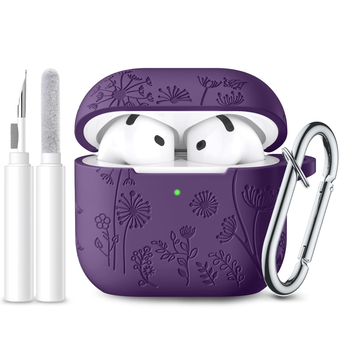 Lerobo for Airpods 4 Case Cover with Cleaner Kit, Stylish Flower Engraved Silicone Shockproof Case Cover with Keychain Compatible with Apple Airpods 4 Case 2024,Front LED Visible, Purple