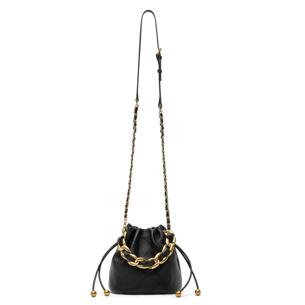 DORIS&JACKY Small Top Handle Bucket Bag, Designer Lambskin Drawstring Crossbody Purse with Chunky Chain Tote Strap (1-Black)