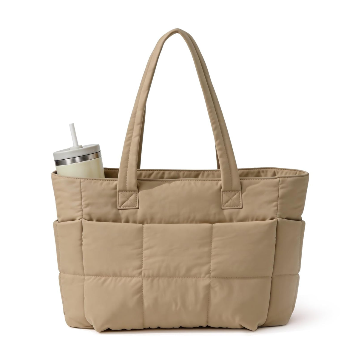 SODEER Travel Tote Bag for Women Puffer, Quilted Work Tote with Laptop Sleeve, Lightweight Shoulder Bag with Trolley Strap & Bottle Pocket for Gym, Office, Nurse, Camel Brown