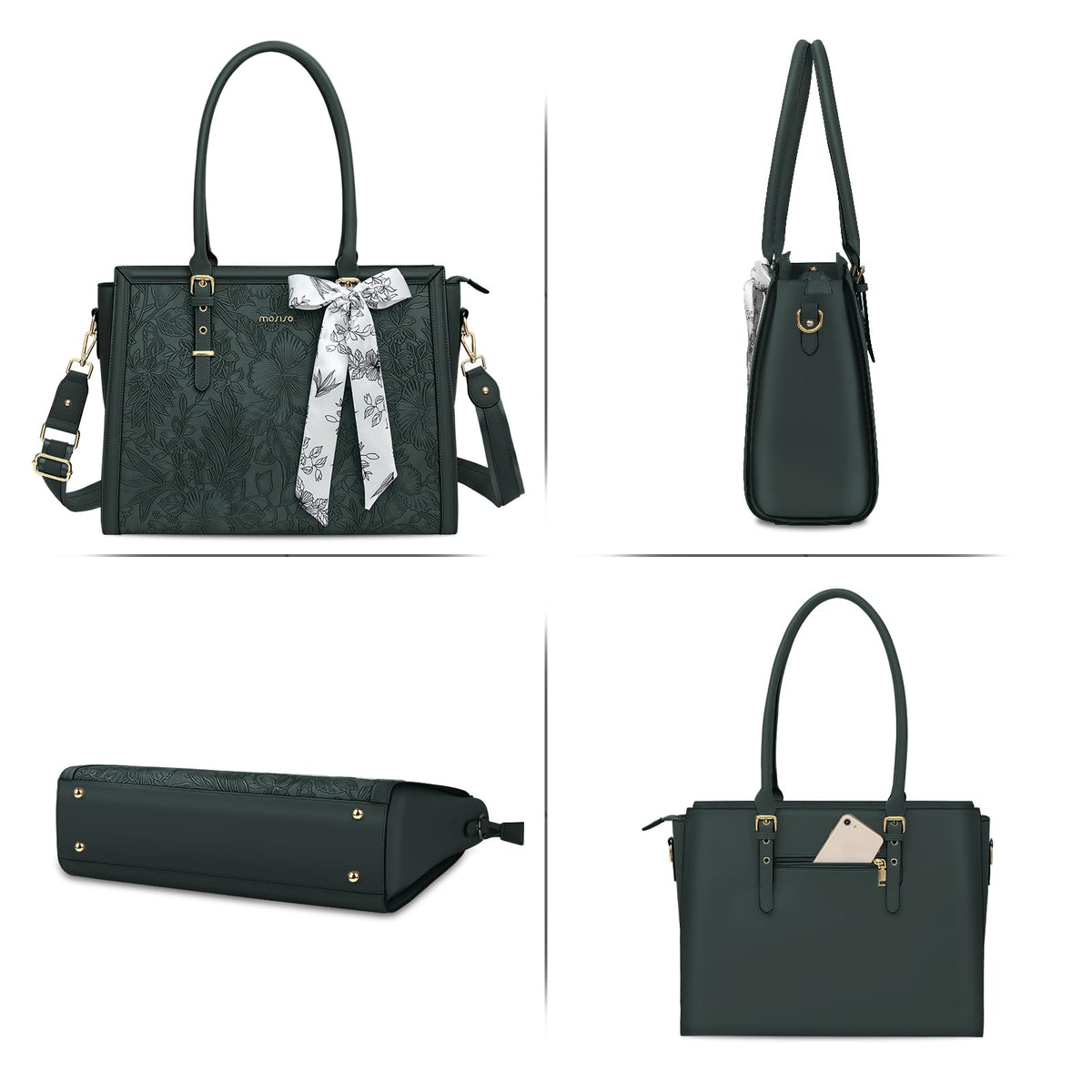 MOSISO Laptop Bag for Women, 15.6-16 inch PU Leather Tote Bag Compatible with MacBook, HP, Dell, Asus Notebook, Front Embossed Retro Hibiscus Computer Bags with Silk Scarf&Clutch Purse, Emerald Green