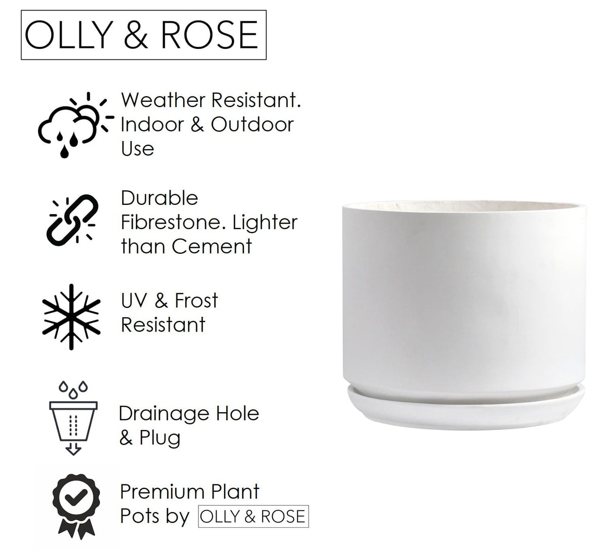 Olly & Rose Large Matt White Flower Pot Tall Planter 35.5cm Extra Large Fibre Planter with Saucer - Large Indoor and Outdoor Plant Pot