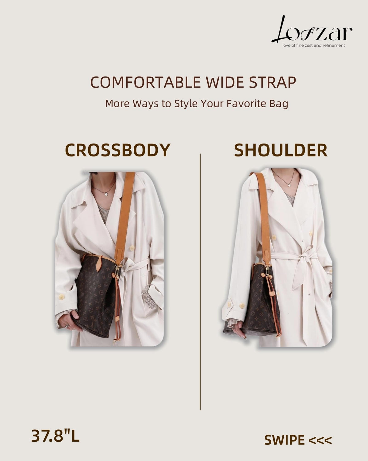 LOFZAR Wide Vachetta Leather Replacement Bag Strap, Fits Neverfull PM/MM/GM Graceful and More (37.8" L, Beeswax)
