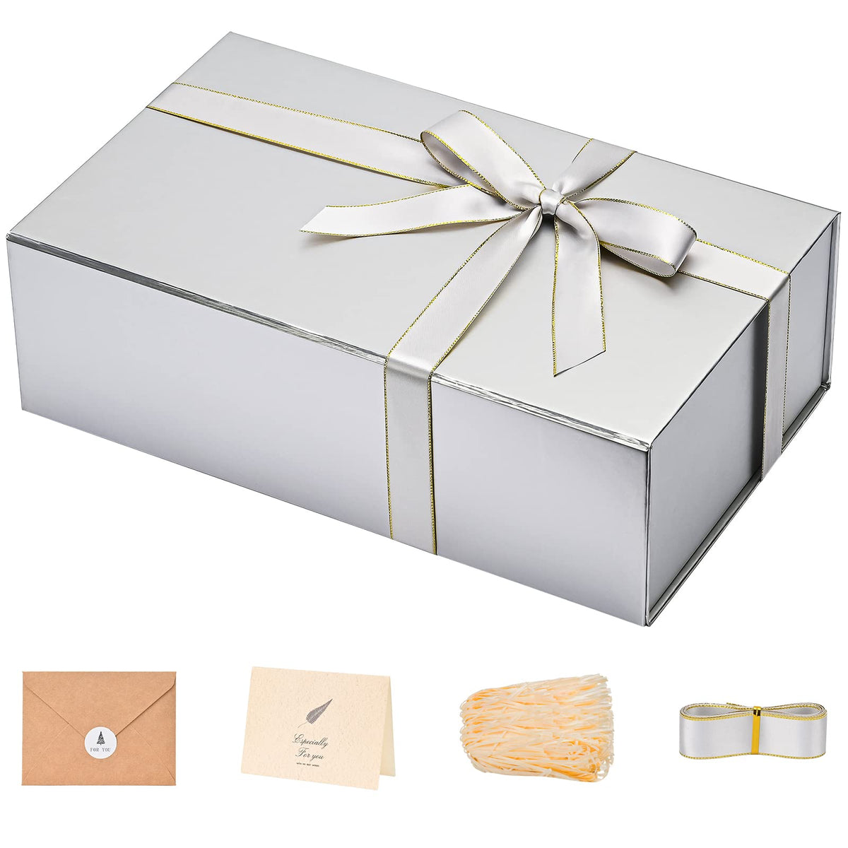 LIFELUM Gift Boxes with Lids, 1 Pack 13.8 x 8.3 x 4.4 inch Silver Gift Boxes with Ribbon, Card, Shredded Paper Filler for Presents, Graduation, Christmas, Birthdays