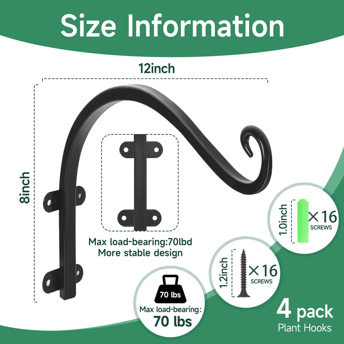 4 Pack 12Inch Plant Hanger, Sturdy Hanging Plant Bracket Hooks Outdoor, Bird Feeder Hanger for Bird Feeders, Planters, Lanterns, Wind Chimes Indoor Outdoor (Black)