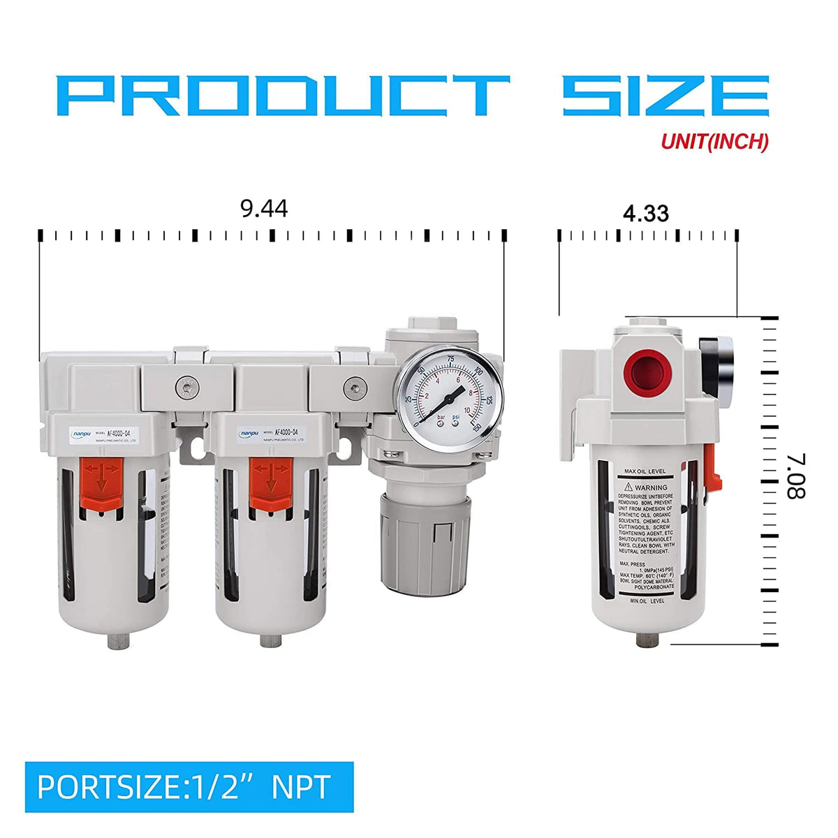 NANPU 1/2" NPT Air Drying System - Double Air Filters, Air Pressure Regulator Combo - Semi-Auto Drain, Poly Bowl