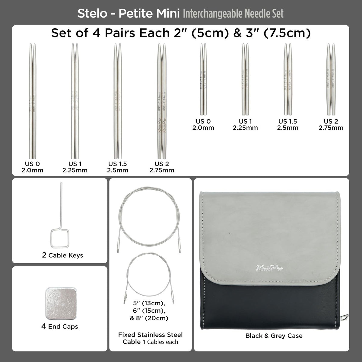 KnitPro Stelo Petite Mini Interchangeable Needle Set 2" (5cm) & 3" (7.5cm) | 4 US Sizes (0 to 2)