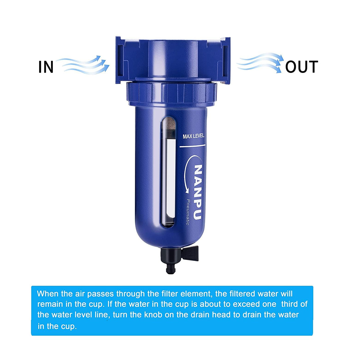 NANPU 3/8" NPT Compressed Air Filter, Zinc Alloy, 5 Micron Brass Element, Quick Release Bowl, Manual Drain, for Air Compressor ＆ Pneumatic Tools