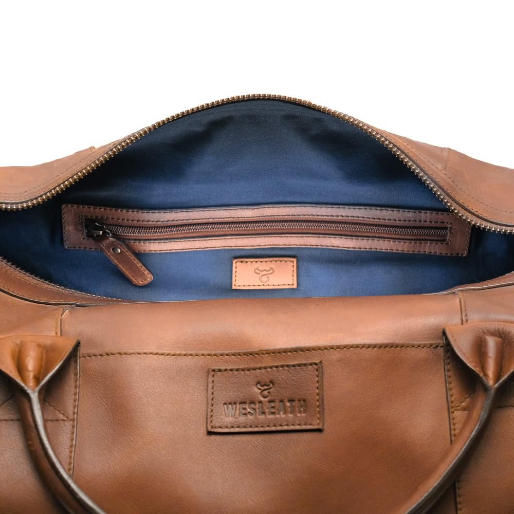 Full Grain Leather Duffle Bag – 25L Travel, Gym & Carry-On Weekender for Men | Handcrafted Overnight Bag with Brass Hardware, Vintage Style