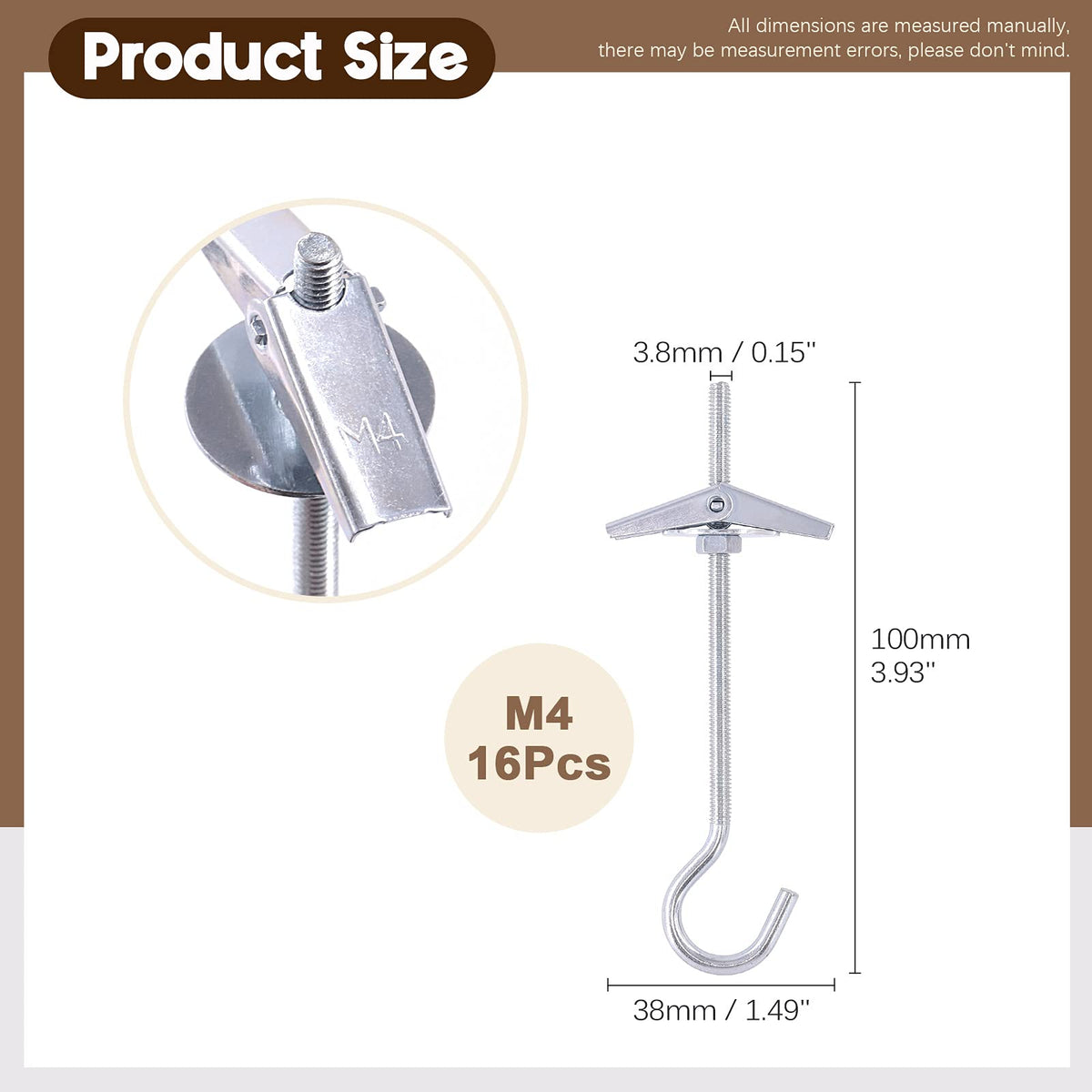 Wokape 64Pcs M4×75 Heavy Duty Carbon Steel Ceiling Hooks Spring Toggle Wing Bolts Wall Fixing Ceiling Hooks Pothook Wall Fixing Anchors Ceiling for Hanging Plants