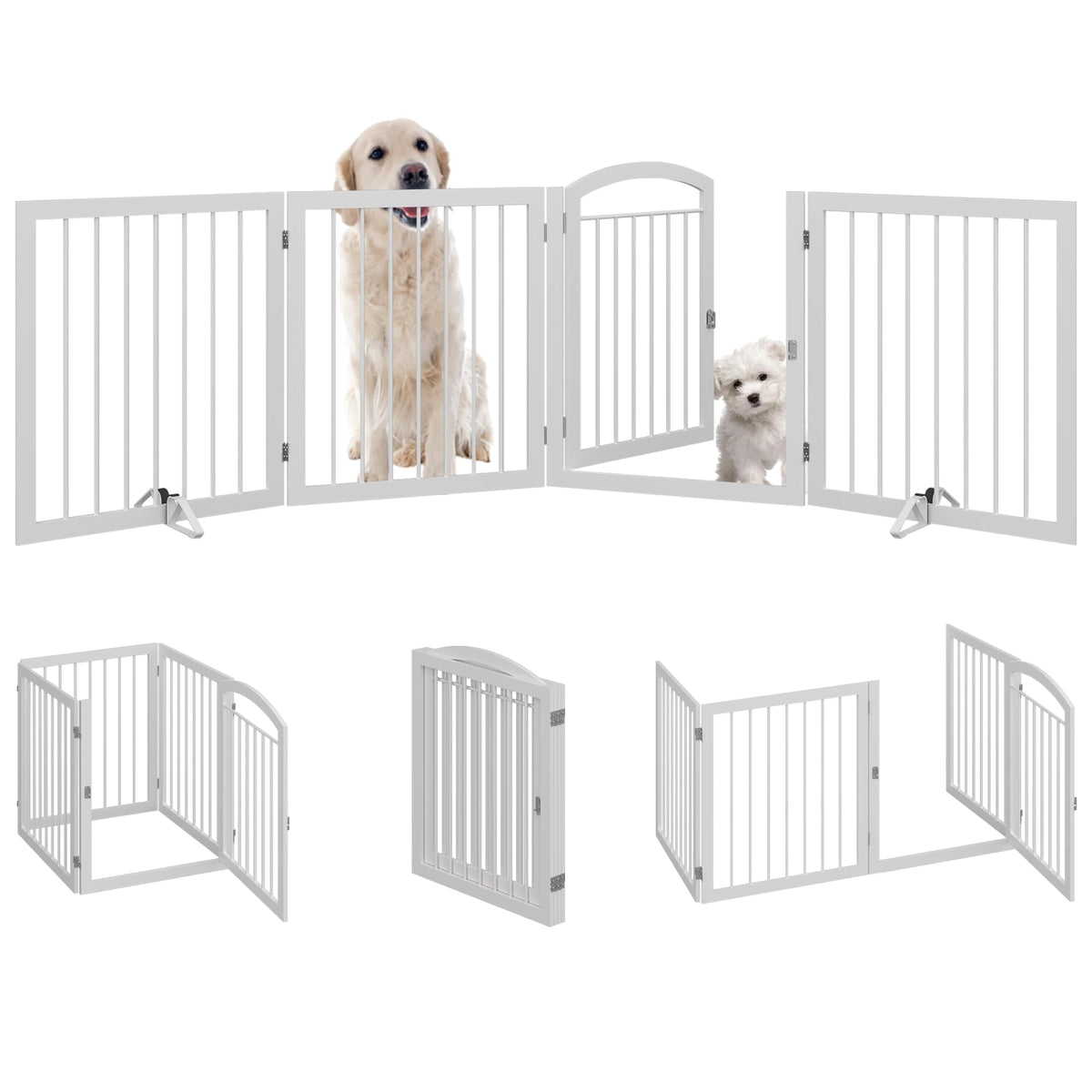 JSB 96-inch Extra Wide 30-inch Tall Dog gate with Door Walk Through, Freestanding Round Tube Pet Gate for Halls Stairs, Puppy Safety Dog Fence with 2PCS Support Feet (White)