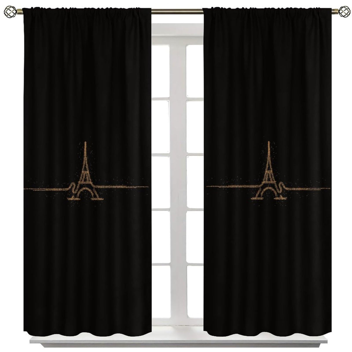 Fblifil Simple Luxury Eiffel Tower Curtain Black Background, Gold Eiffel Tower, Exquisite Home French Romantic Printed Rod Pocket Window Treatments for Bedroom Living Room Decor 42" W X 45" L
