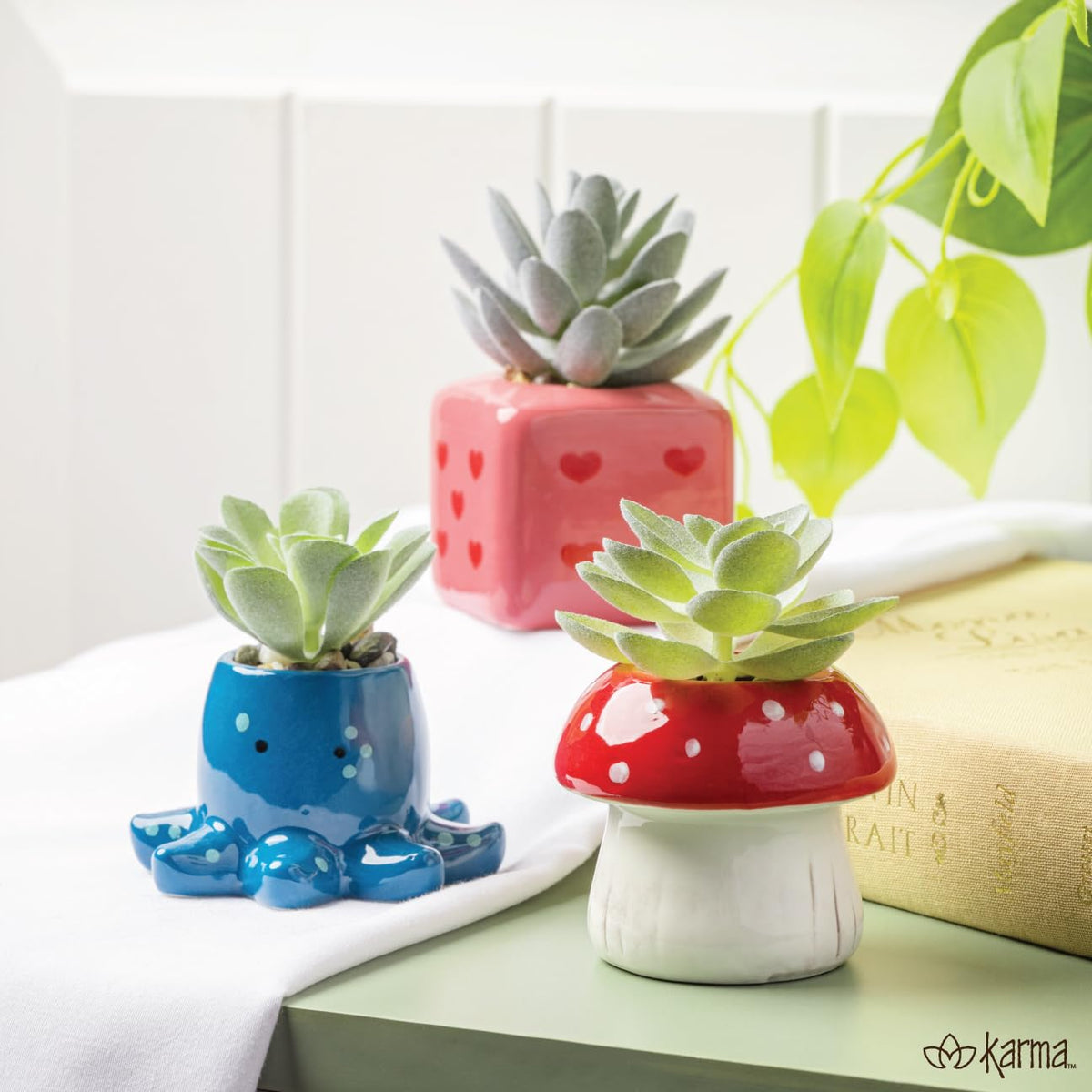 Karma, Shaped Artificial Succulents in Ceramic Pot, Faux Mini Succulent Plant, Desk Decor, Office Plants - Turtle
