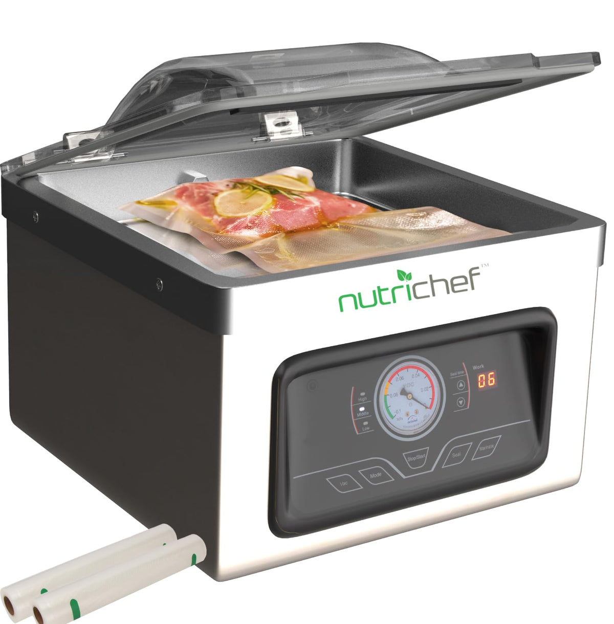 NutriChef Vacuum Sealer Machine - 350W Commercial 8L Chamber Type Automatic System Air Seal Machine Meat Packing Sealing Storage Preservation Sous Vide, Vac Roll Bags -NutriChef PKVS70STS