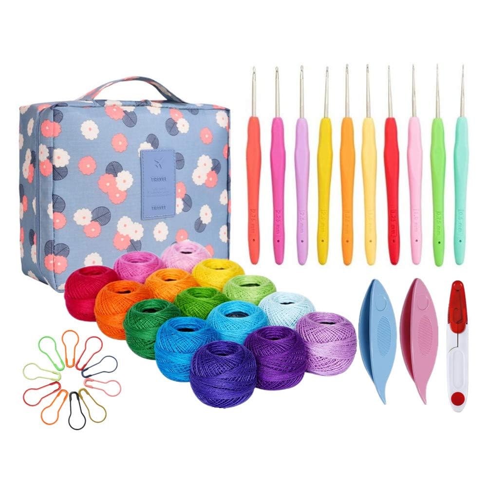 Lewhoo 15 Crochet Thread Balls & 10 Lace Crochet Hooks with Storage Bag, 100% Cotton Thread with 2 Tatting Shutters Tools