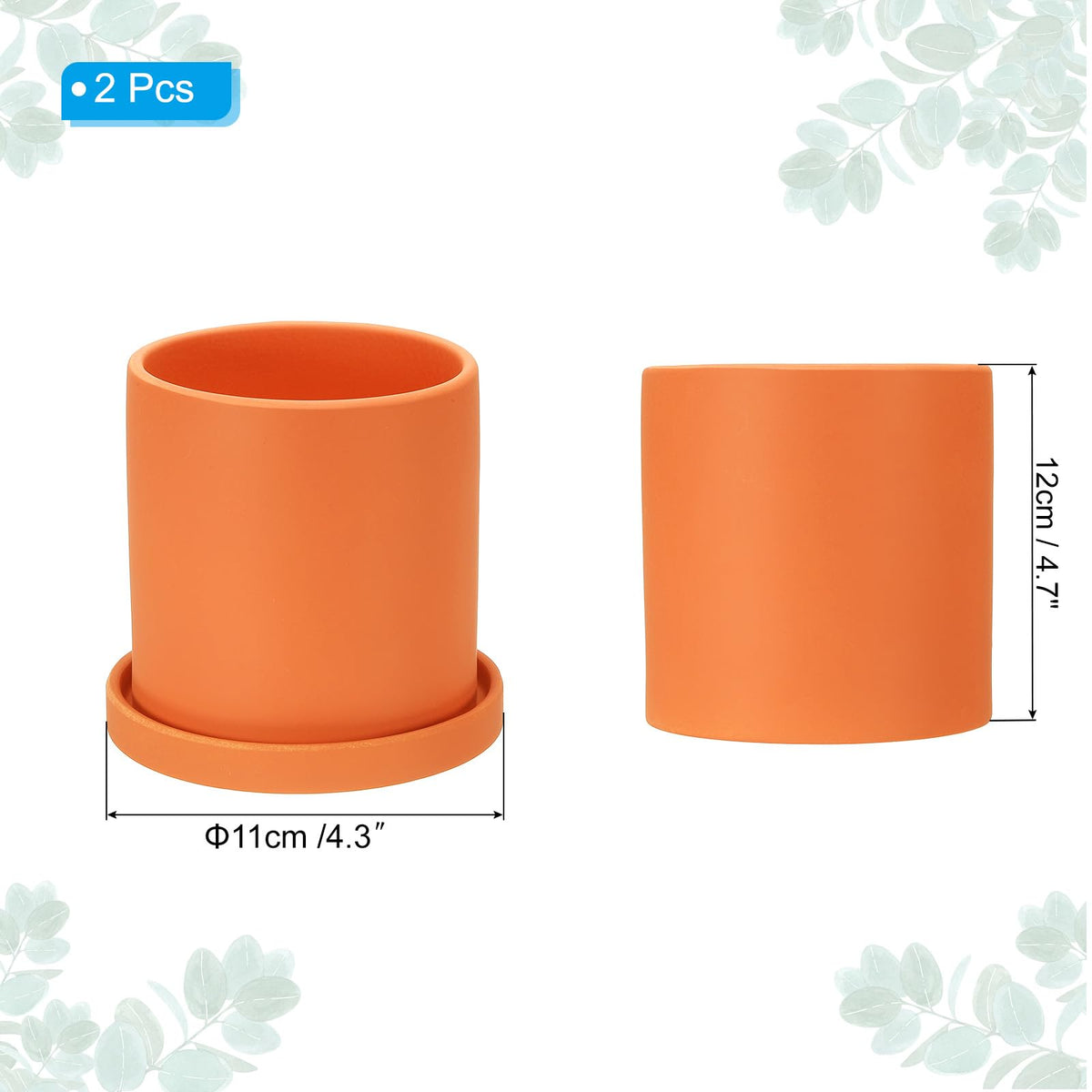 PATIKIL 4.3 Inch Ceramic Plant Pots, 2 Pack Modern Flower Planters with Drainage Holes and Tray for Decorate Home Indoor Plants Succulent Herb, Orange