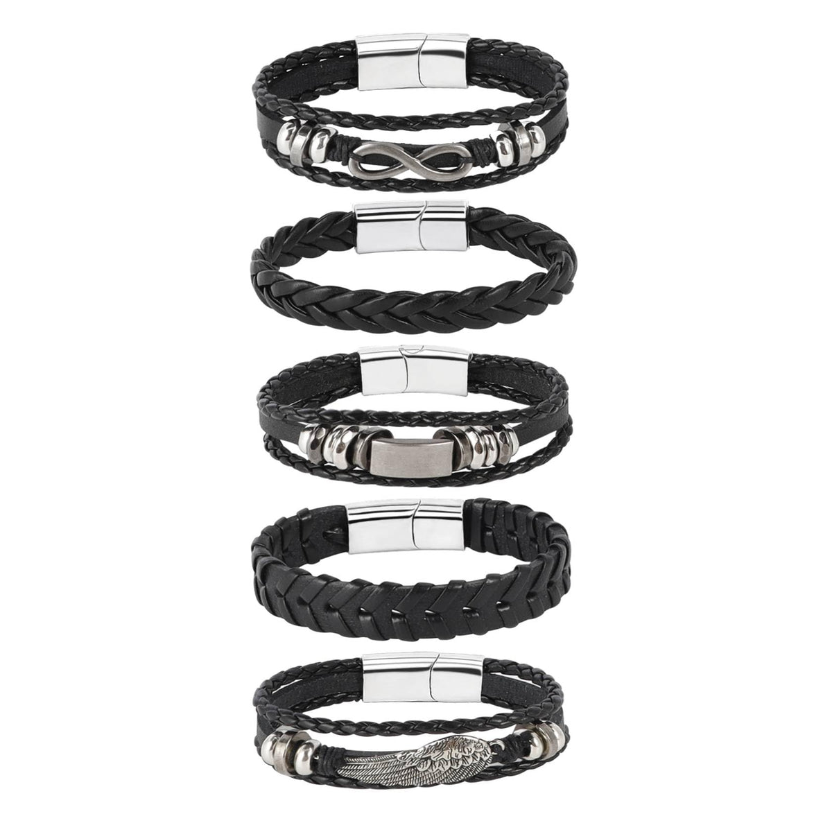 MILAKOO 5Pcs Punk Bracelets for Men Stainless Steel Clasp Woven Braided Leather Wristband Goth Style