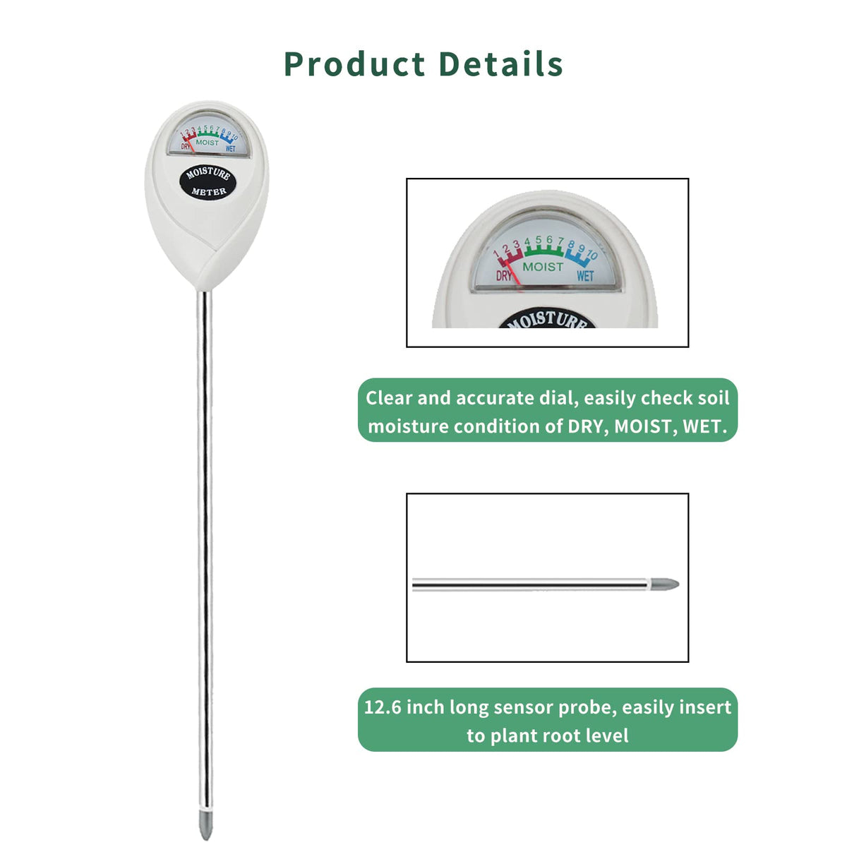 Censinda Soil Moisture Meter, 2 Pack Long Probe Soil Moisture Monitor for House Plants, Soil Hygrometer Moisture Sensor for Indoor & Outdoor, Garden, Farm, Lawn Plant Care, No Battery Needed(White)